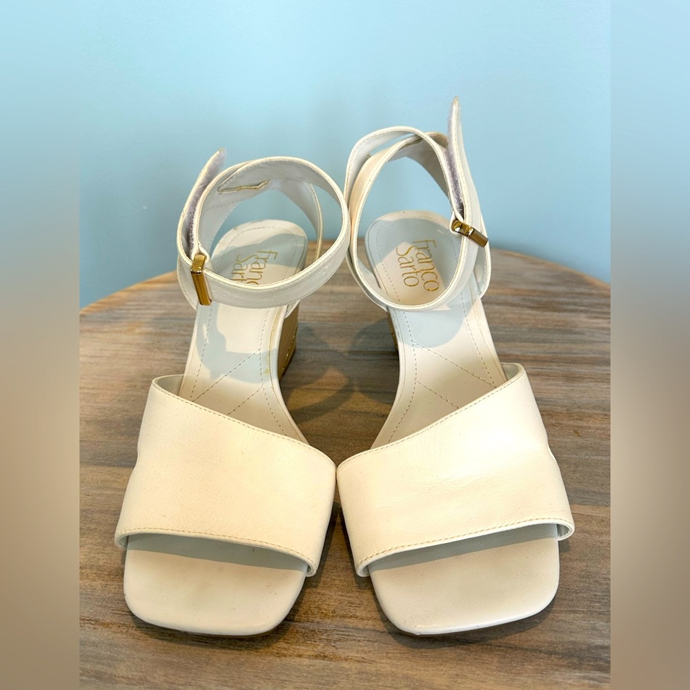 Franco Sarto Sami an adjustable 3 inch wedge white sandal  size 8.5